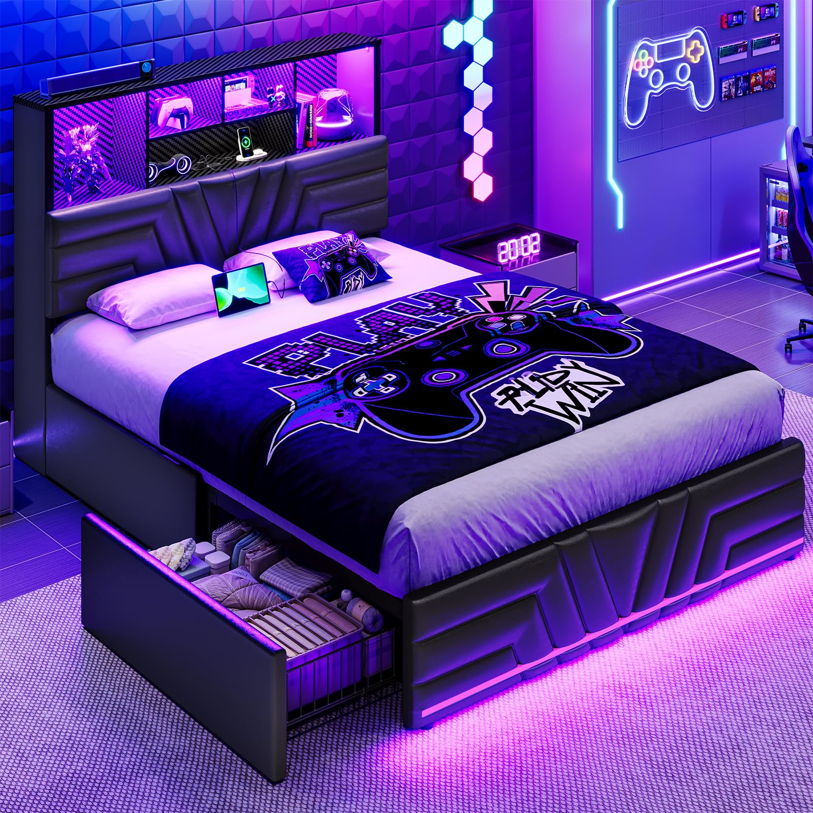 Full Size Bed Frame with 4 Dra - Esports Gaming Bed 评论和价格