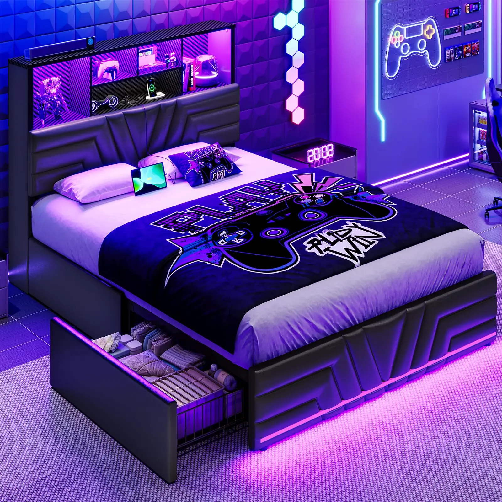 Full Size Bed Frame with 4 Dra - Esports Gaming Bed 评论和价格