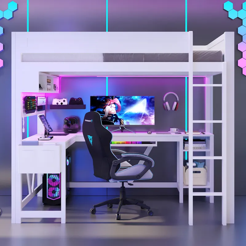 White Gaming Loft Bed with Des - Esports Gaming Bed 评论和价格