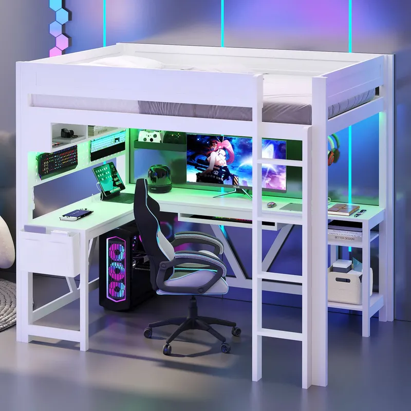 White Gaming Loft Bed with Des - Esports Gaming Bed 评论和价格