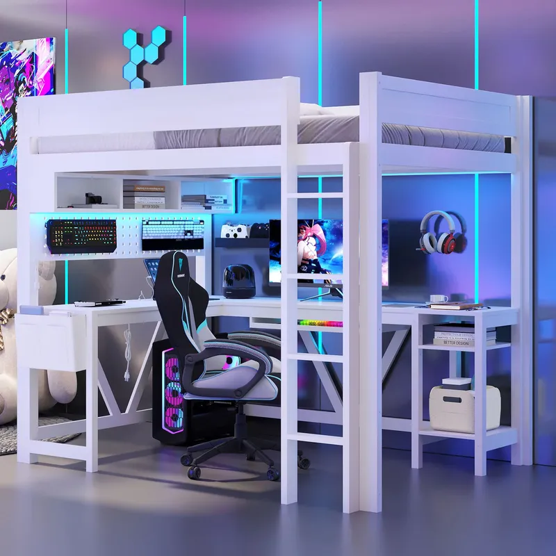 White Gaming Loft Bed with Des - Esports Gaming Bed 评论和价格